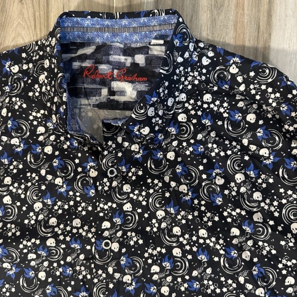 Robert Graham NOBIS Skull Bones Size 4XL* Classic Fit Black Blue AOP Grunge Read